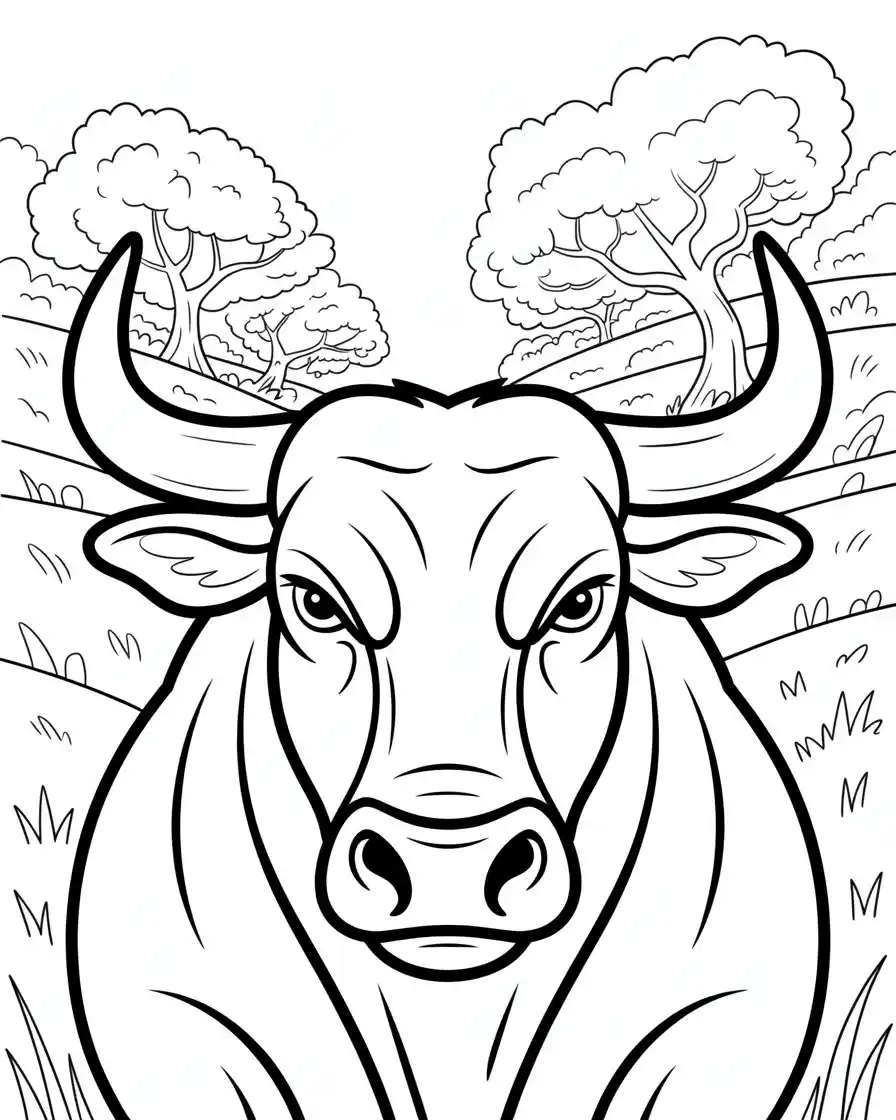 close up of cow face with horns coloring page
