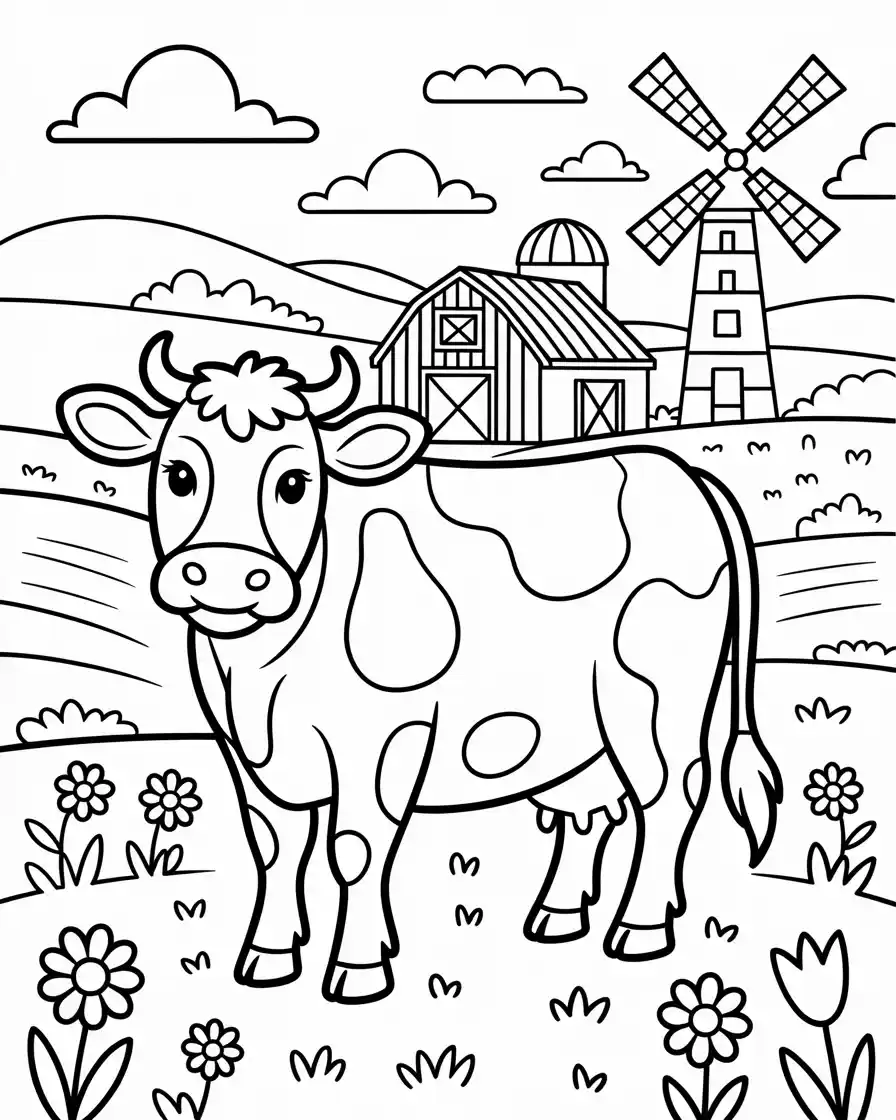 country cow with barn