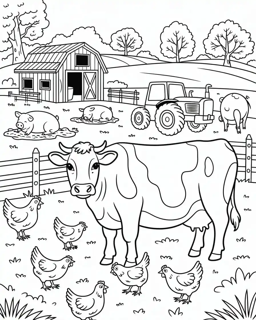 cow and chickens on a busy farm 1