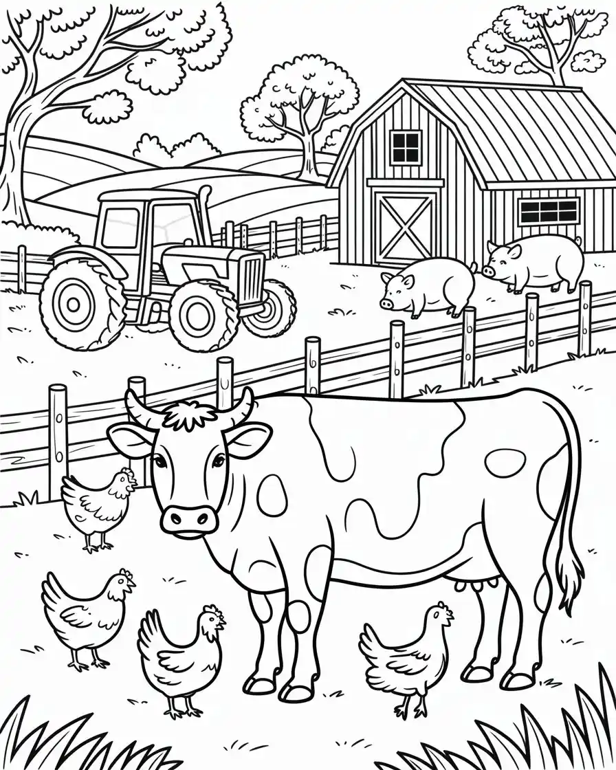 cow and chickens on a busy farm