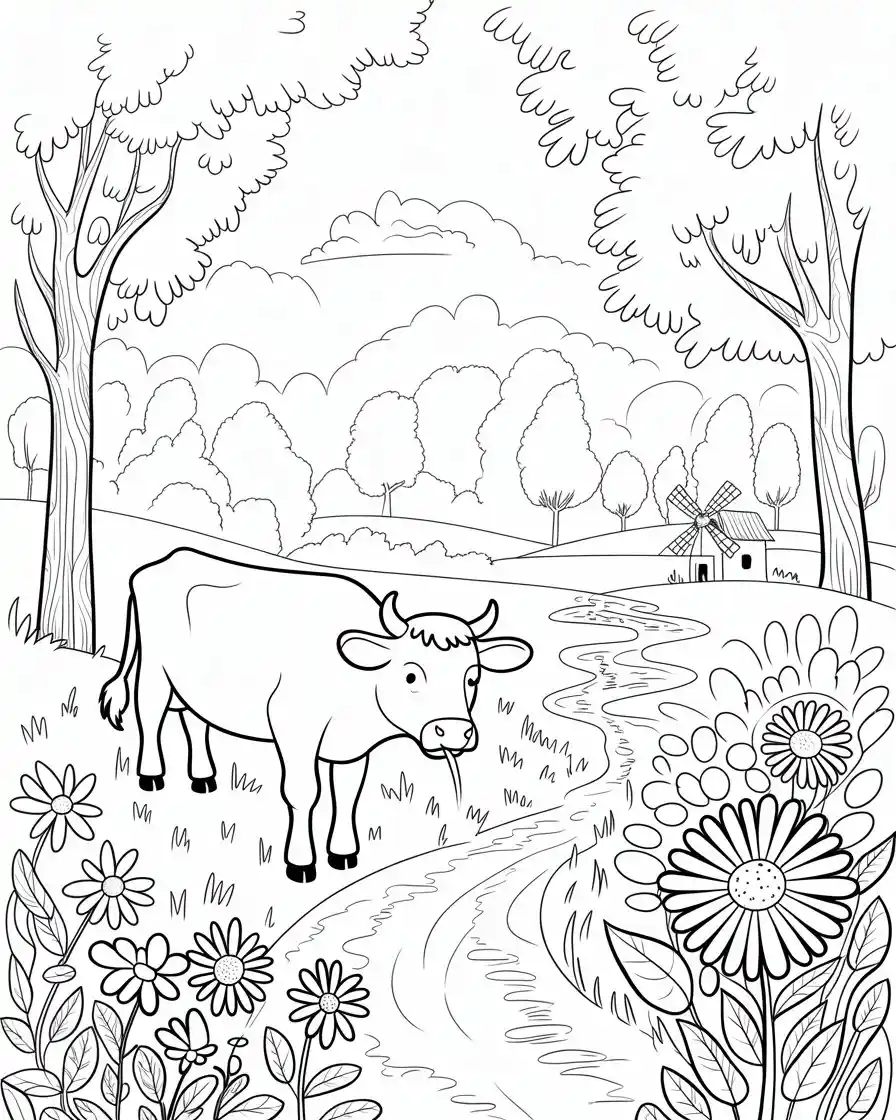 cow chewing grass near a windmill 1