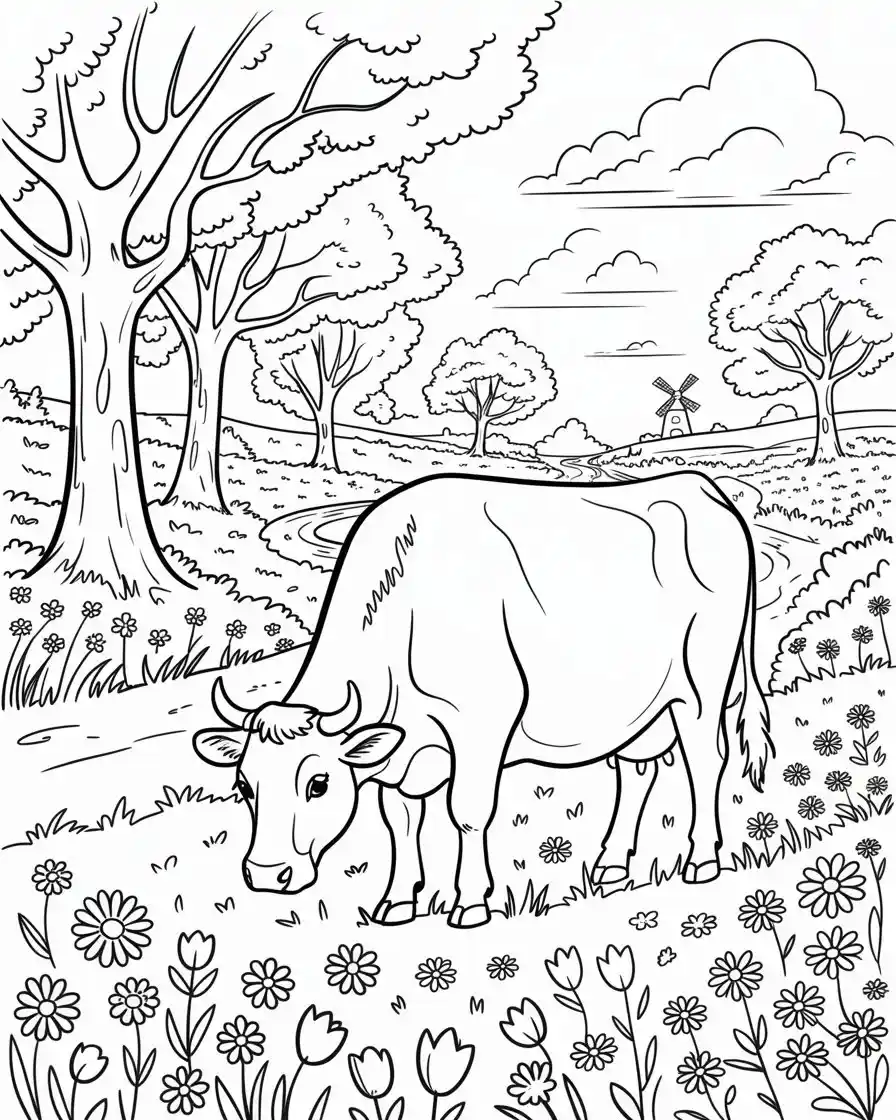 cow chewing grass near a windmill