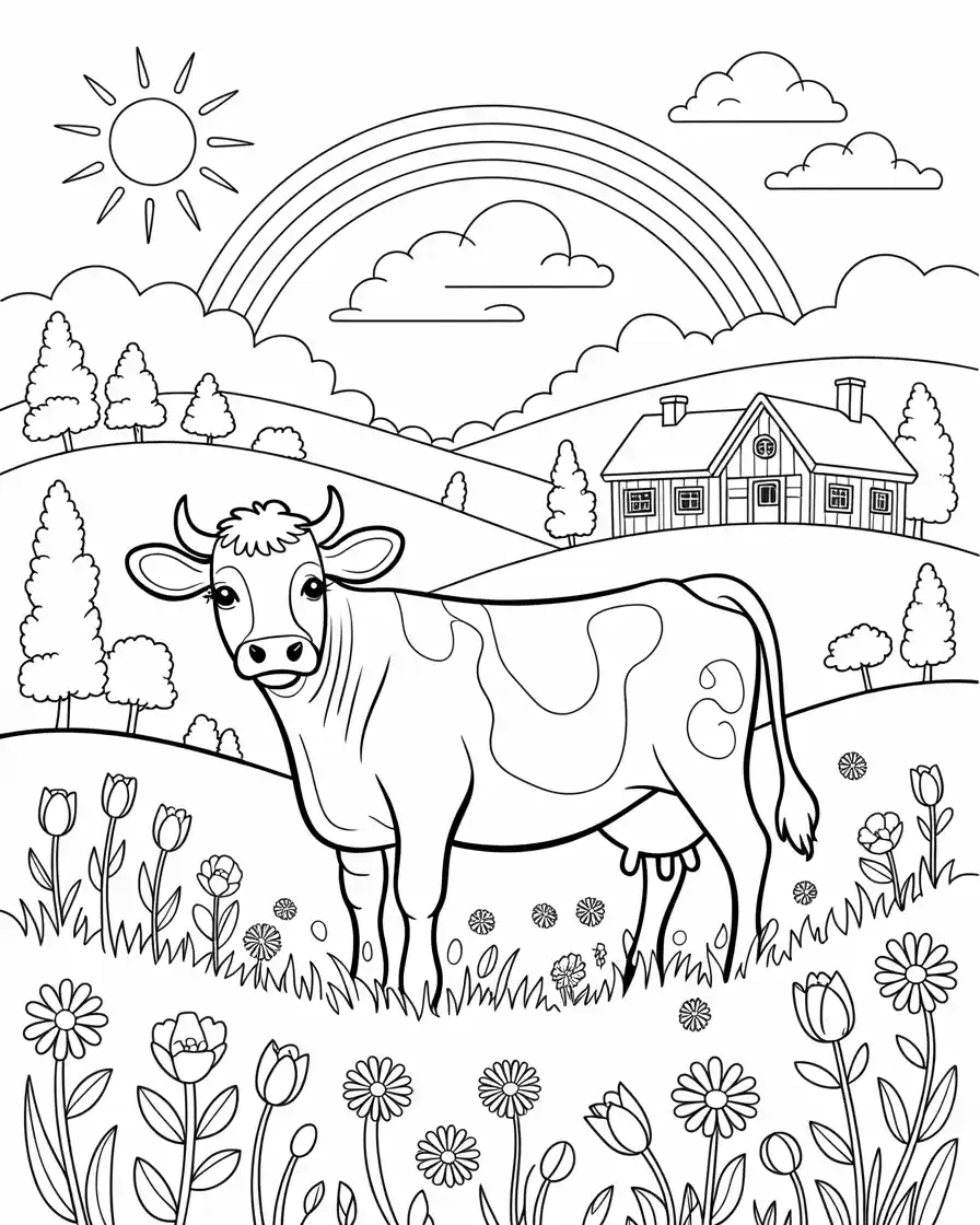 cow standing in a meadow with rainbow