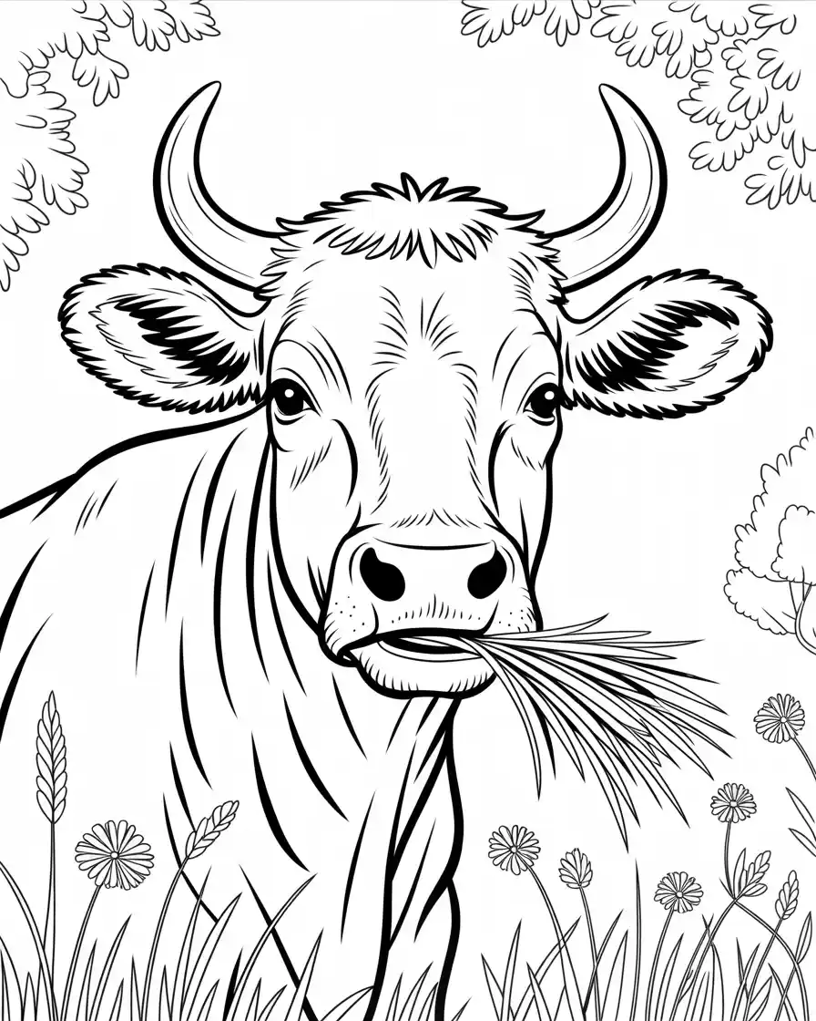 cow with horns eating hay 1