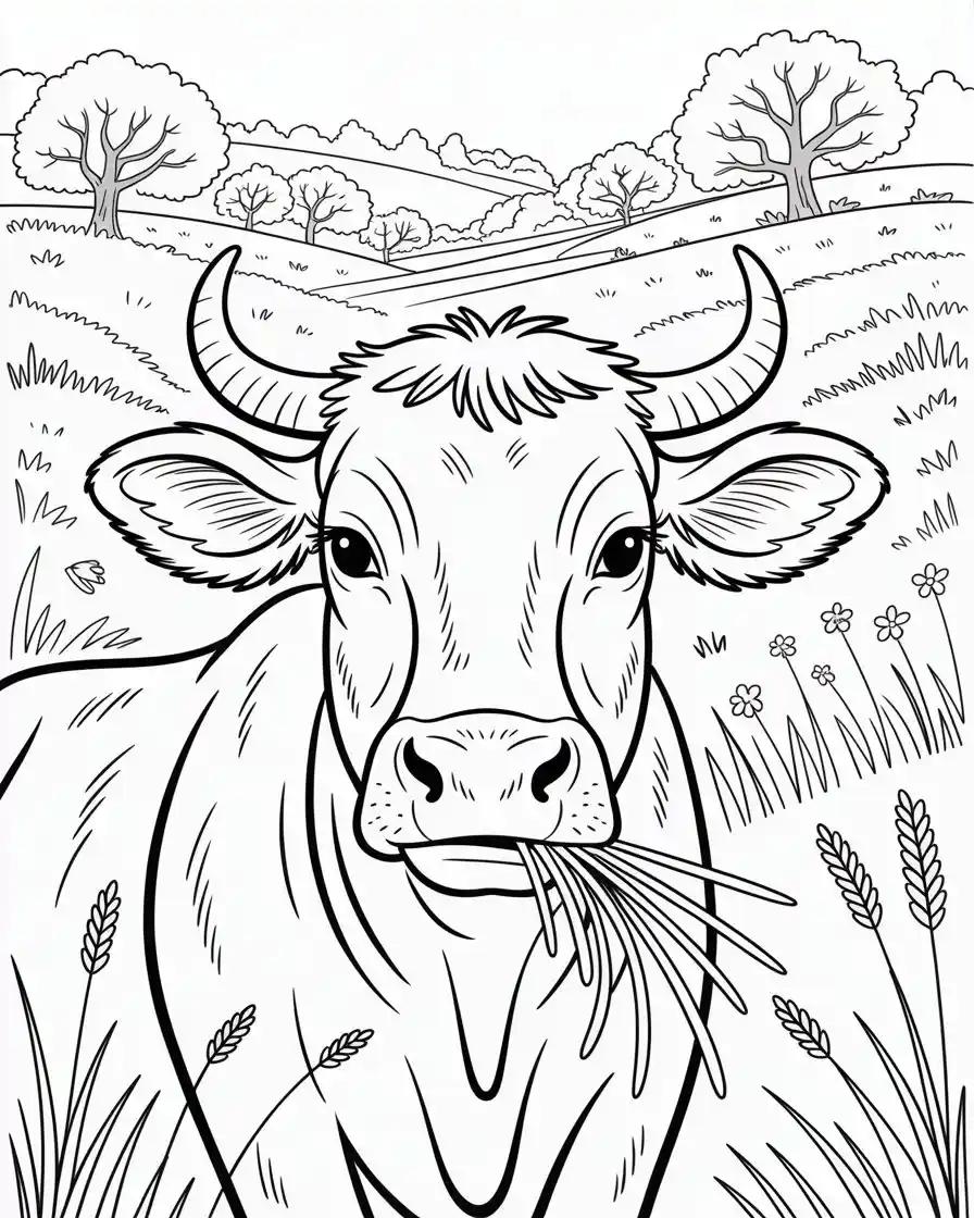 cow with horns eating hay