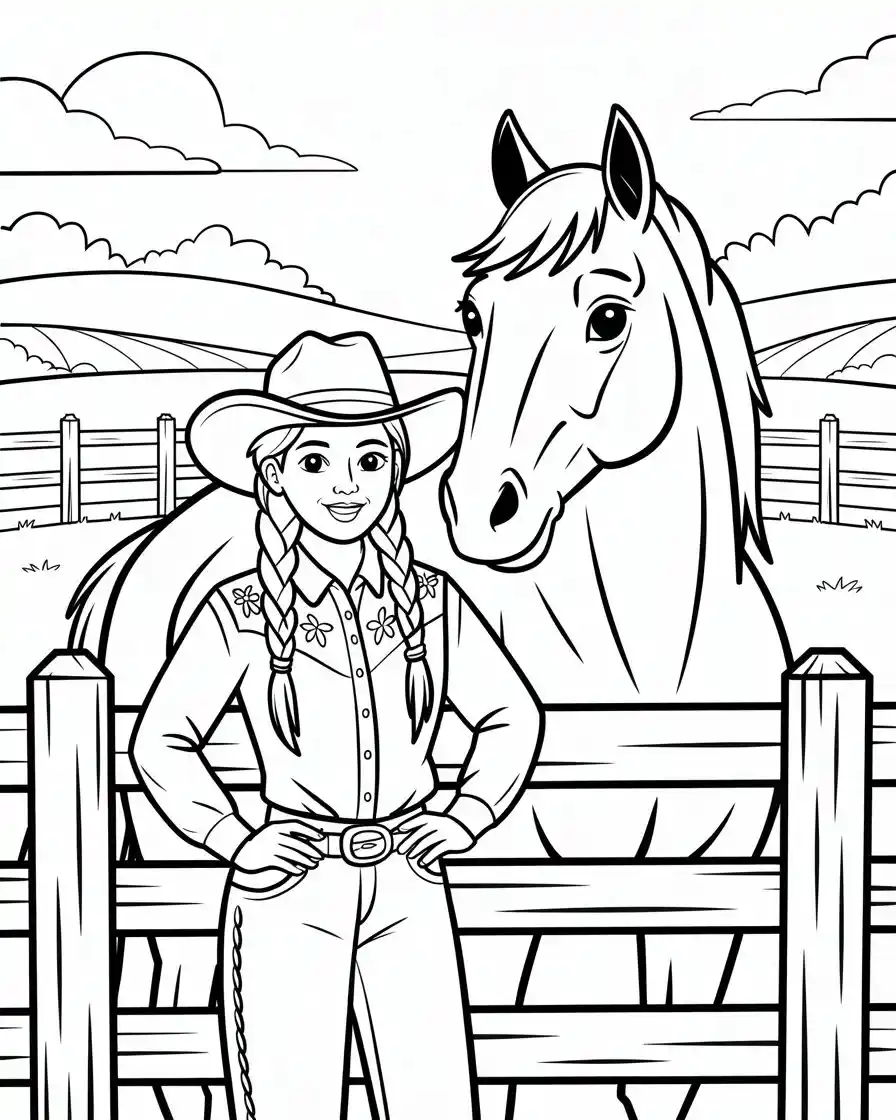 Horse Coloring Pages 16 cowgirl with horse behind fence coloring page 1