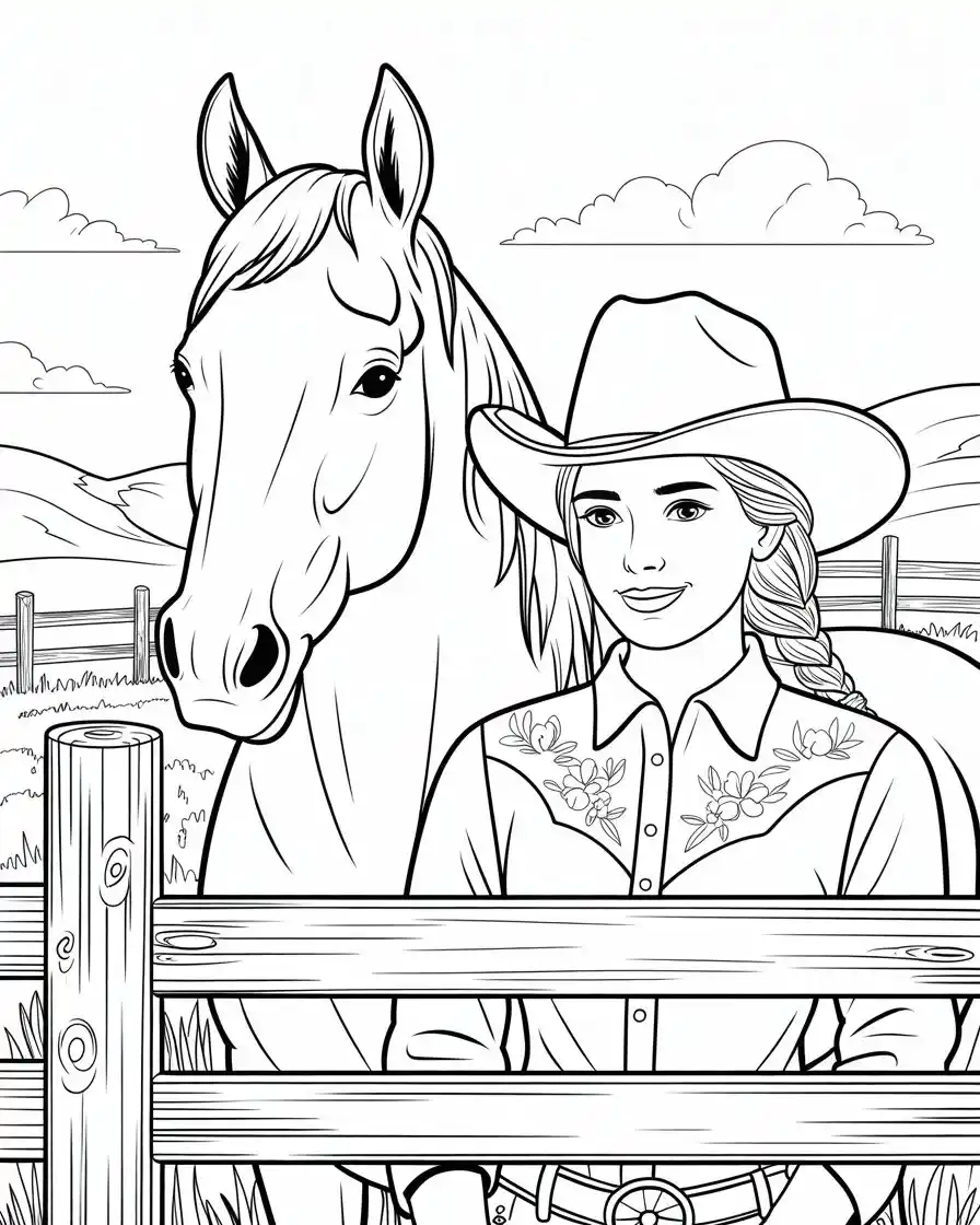 Horse Coloring Pages 17 cowgirl with horse behind fence coloring page