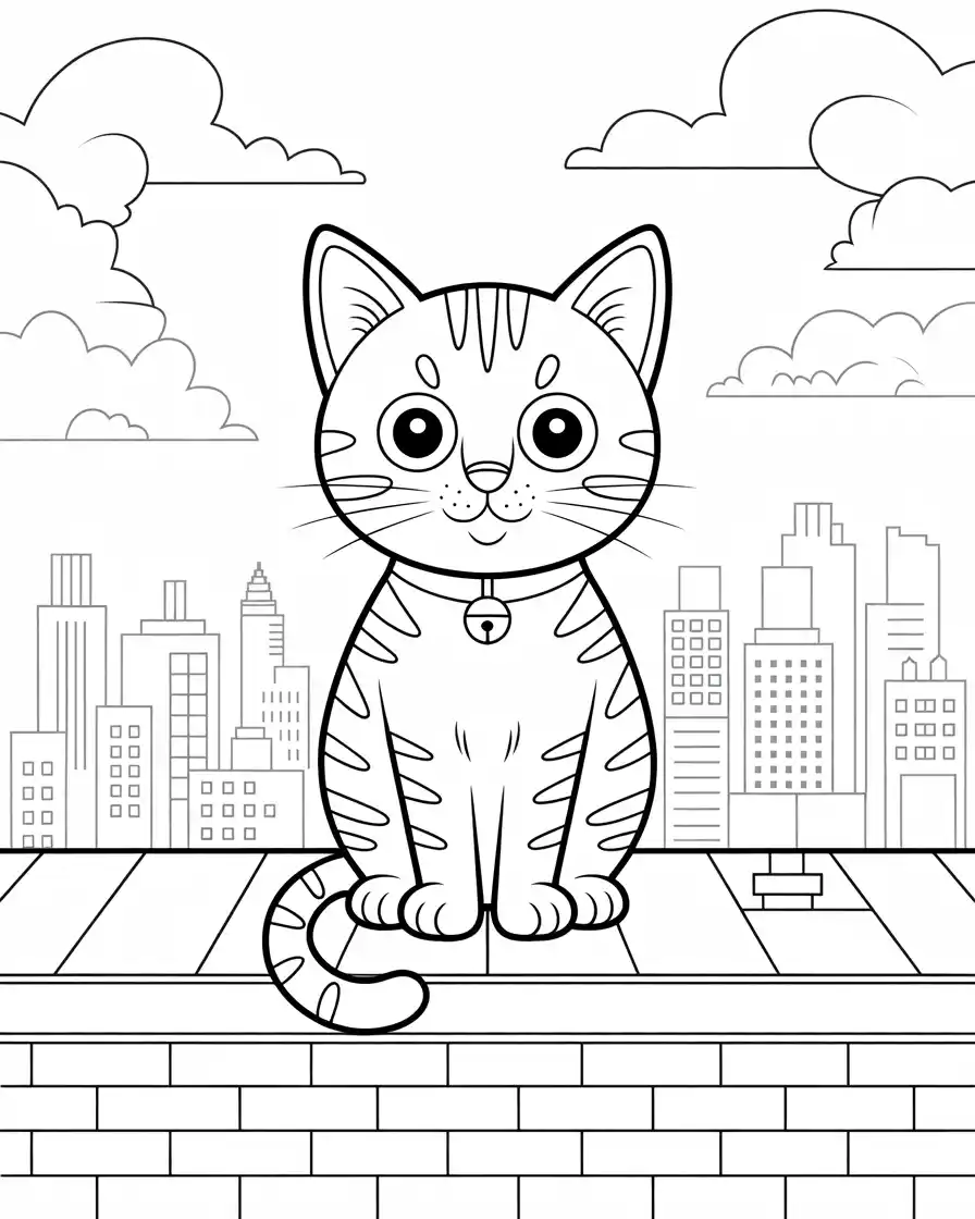 curious cat sitting on rooftop with city skyline