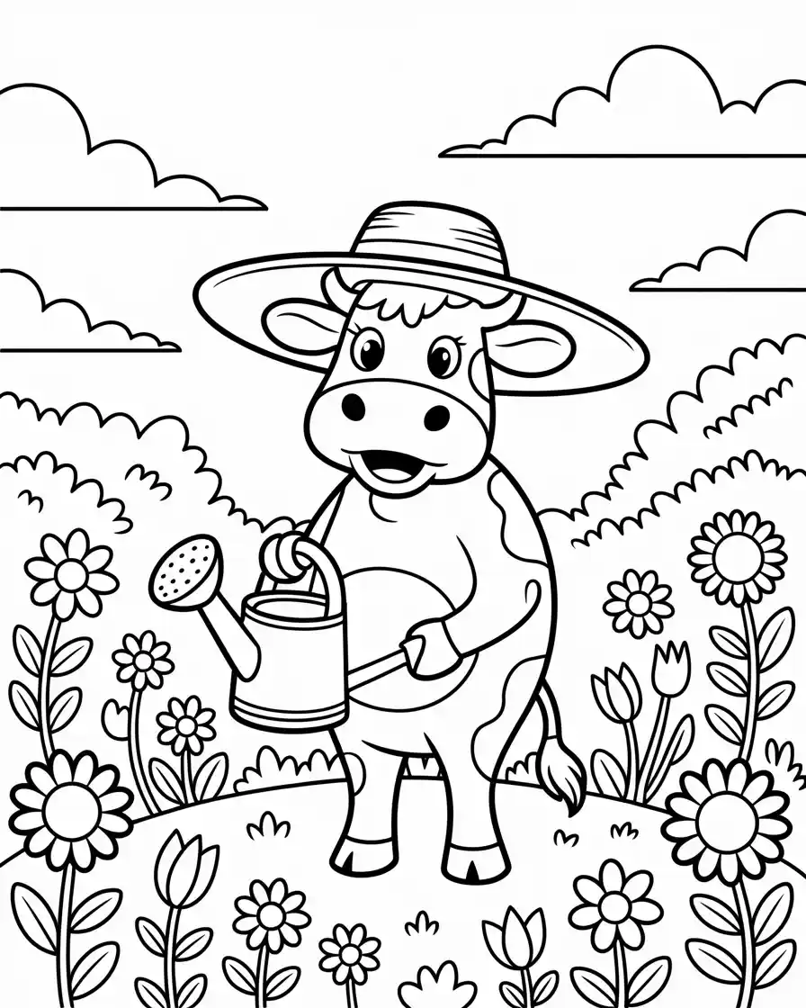 cute cow watering flowers
