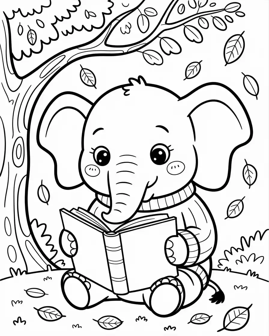 cute elephant reading a book coloring pages