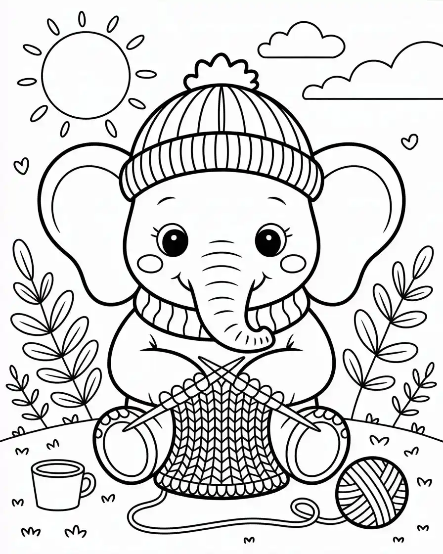 elephant wearing beanie and scarf knitting