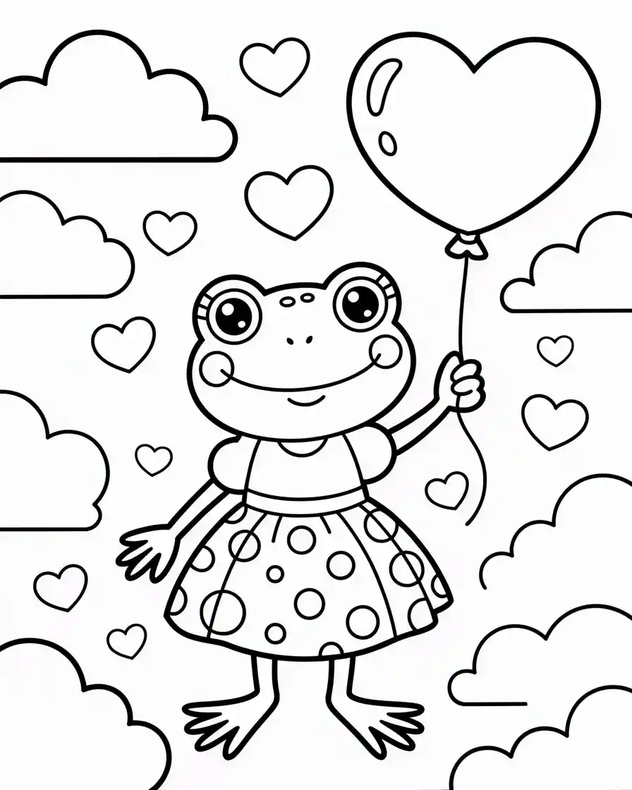 Frog Coloring Pages 15 frog holding a balloon coloring sheet