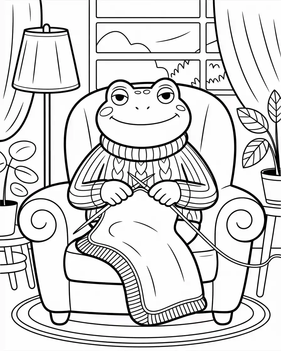 Frog Coloring Pages 18 frog knitting in a cozy armchair coloring page