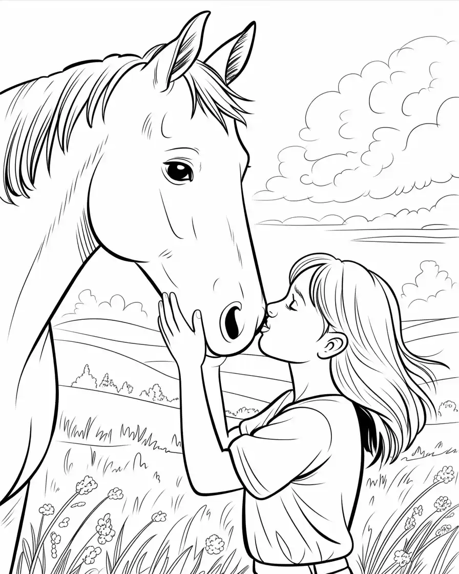 Horse Coloring Pages 29 girl kissing horse