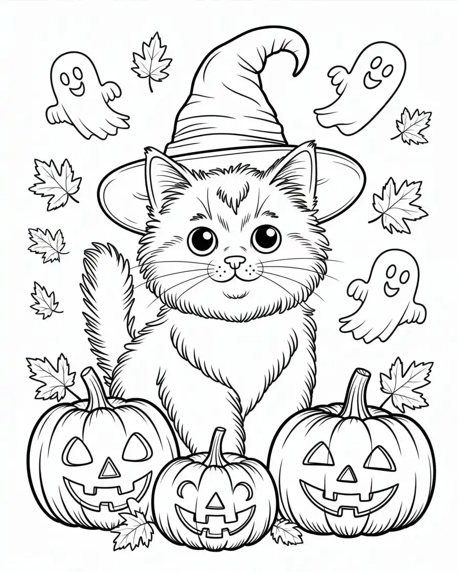 halloween cat wearing witch hat with pumpkin