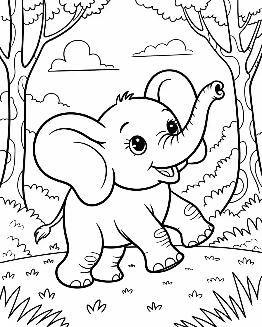 happy baby elephant surrounded by bubbles in a forest