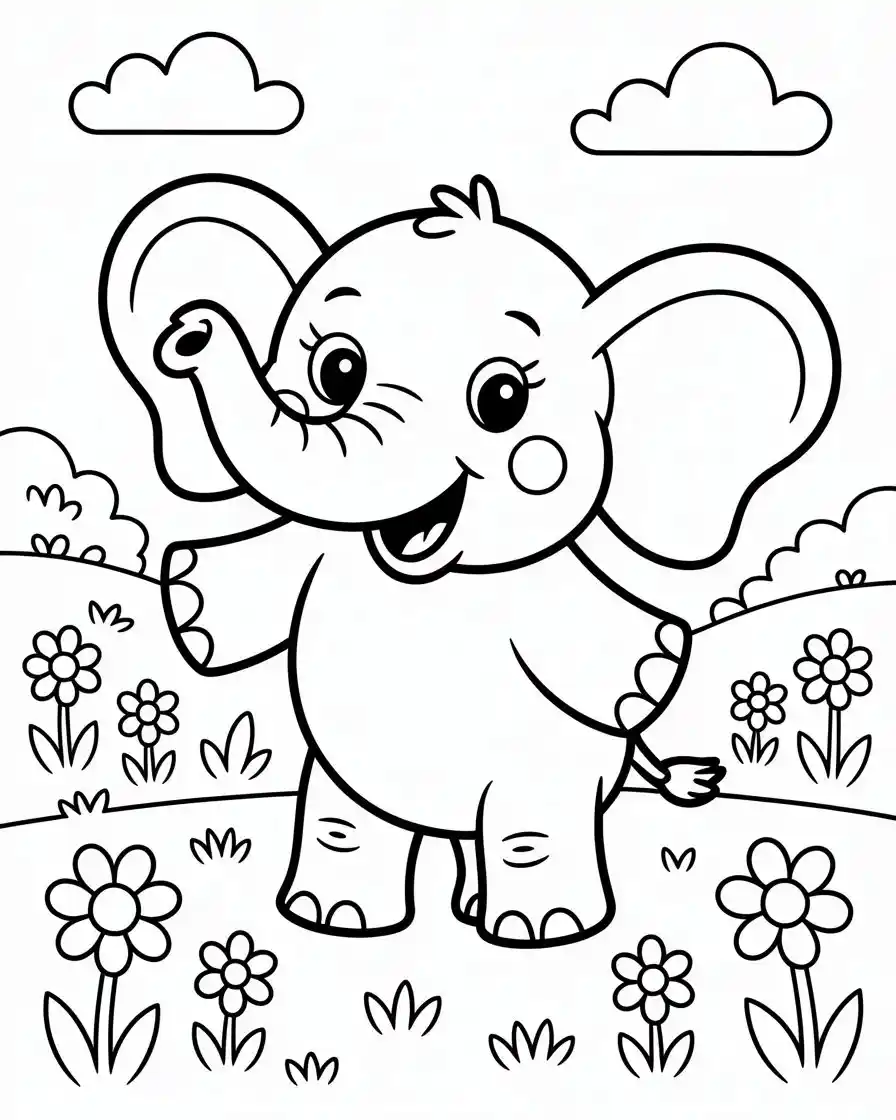 happy cartoon elephant in flower field 1