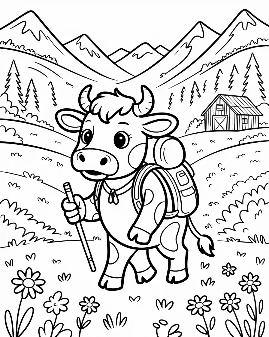 hiking cow coloring page