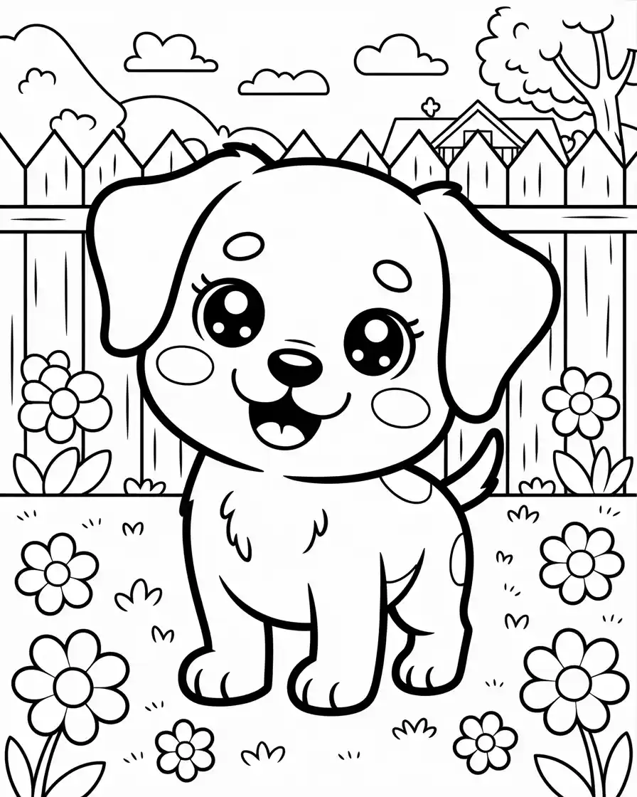 Dog Coloring Pages 52 kawaii cartoon dog in backyard