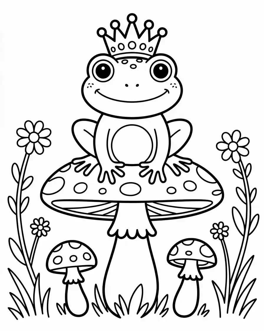 Frog Coloring Pages 20 king frog sitting on mushroom