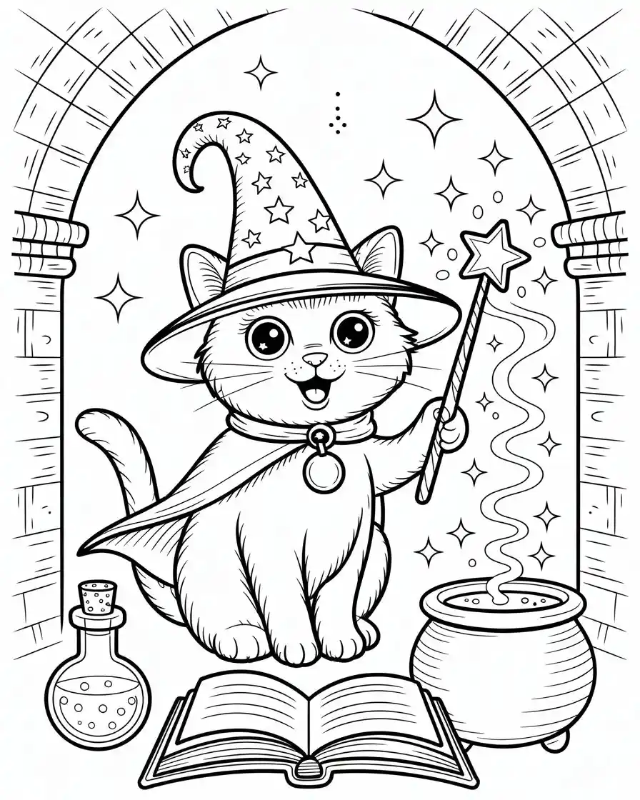 magical cat with witch hat casting a spell