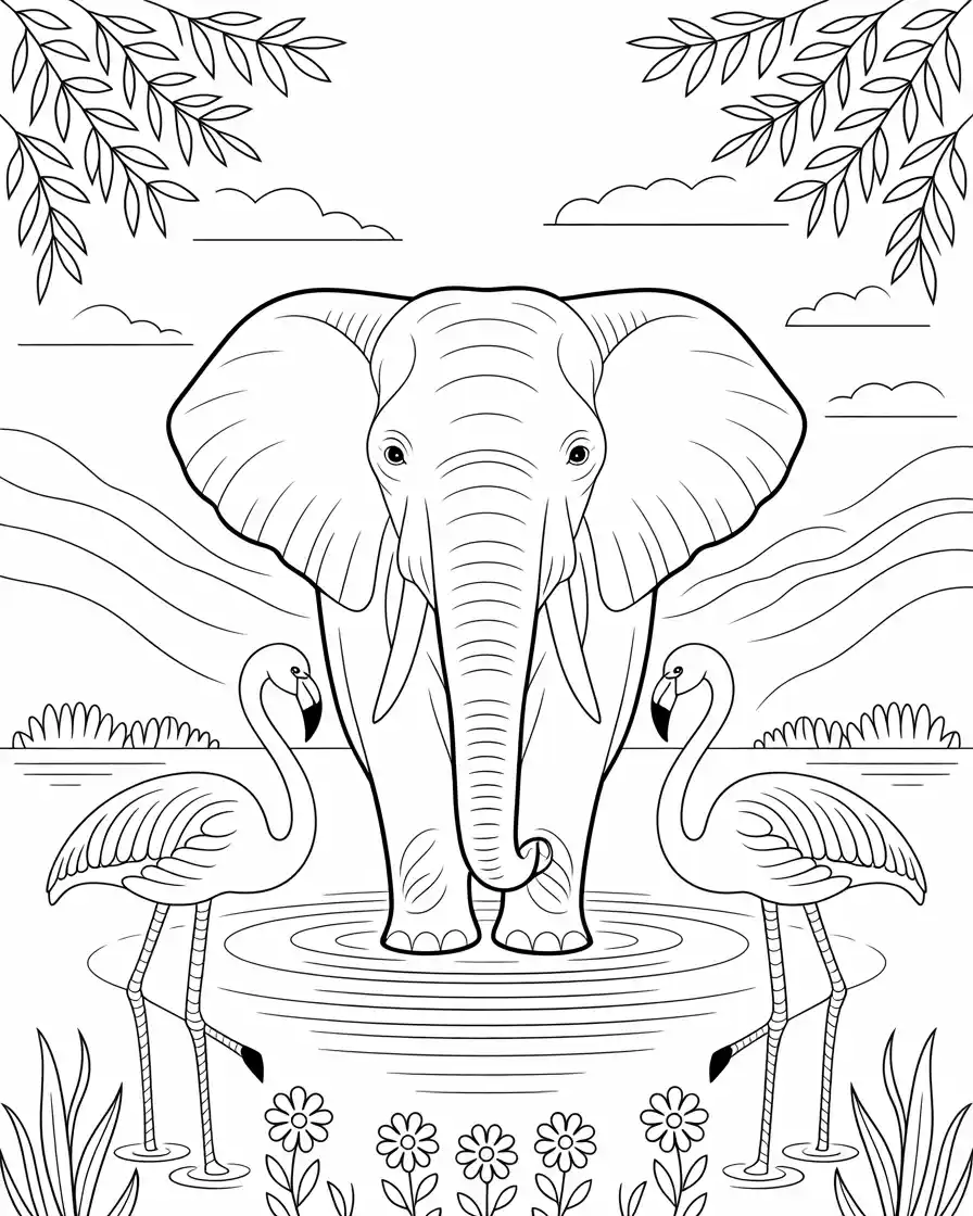 majestic elephant surrounded by flamingos 1