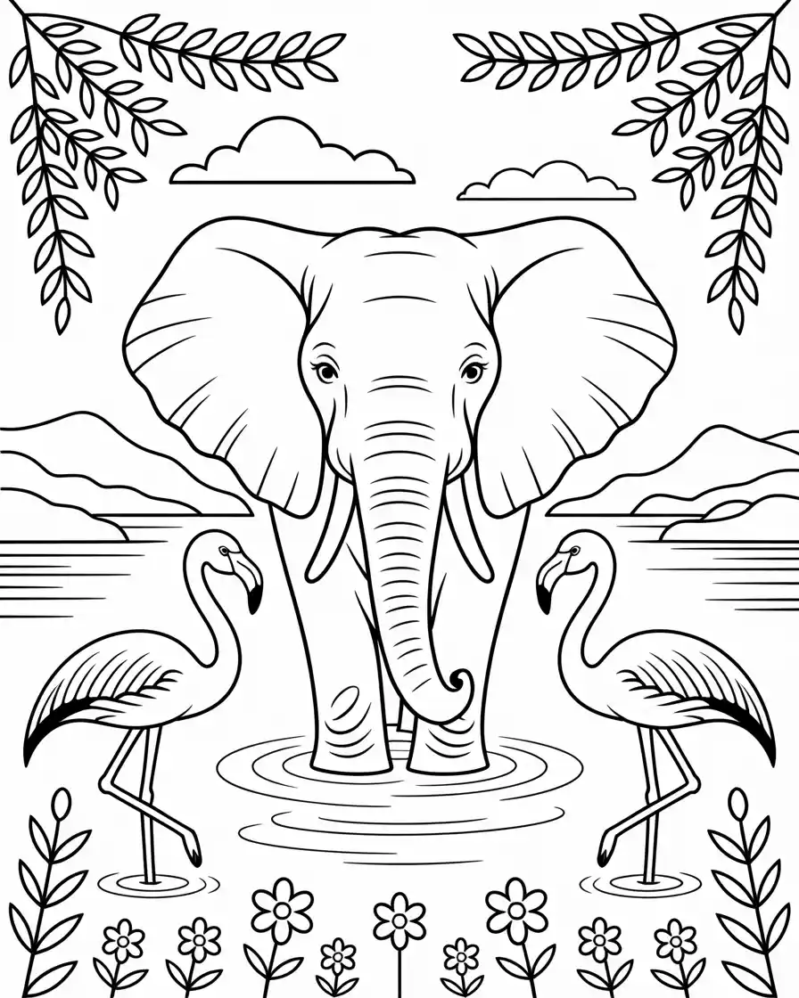 majestic elephant surrounded by flamingos