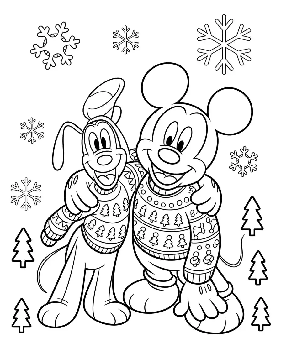 Mickey Mouse Coloring Pages 13 mickey mouse and pluto wearing christmas sweaters