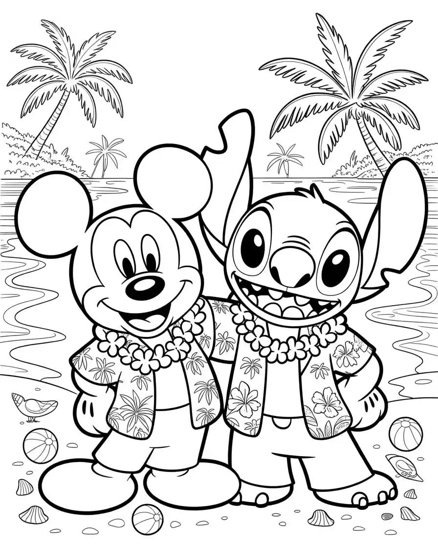Mickey Mouse Coloring Pages 14 mickey mouse and stitch dressed for the beach