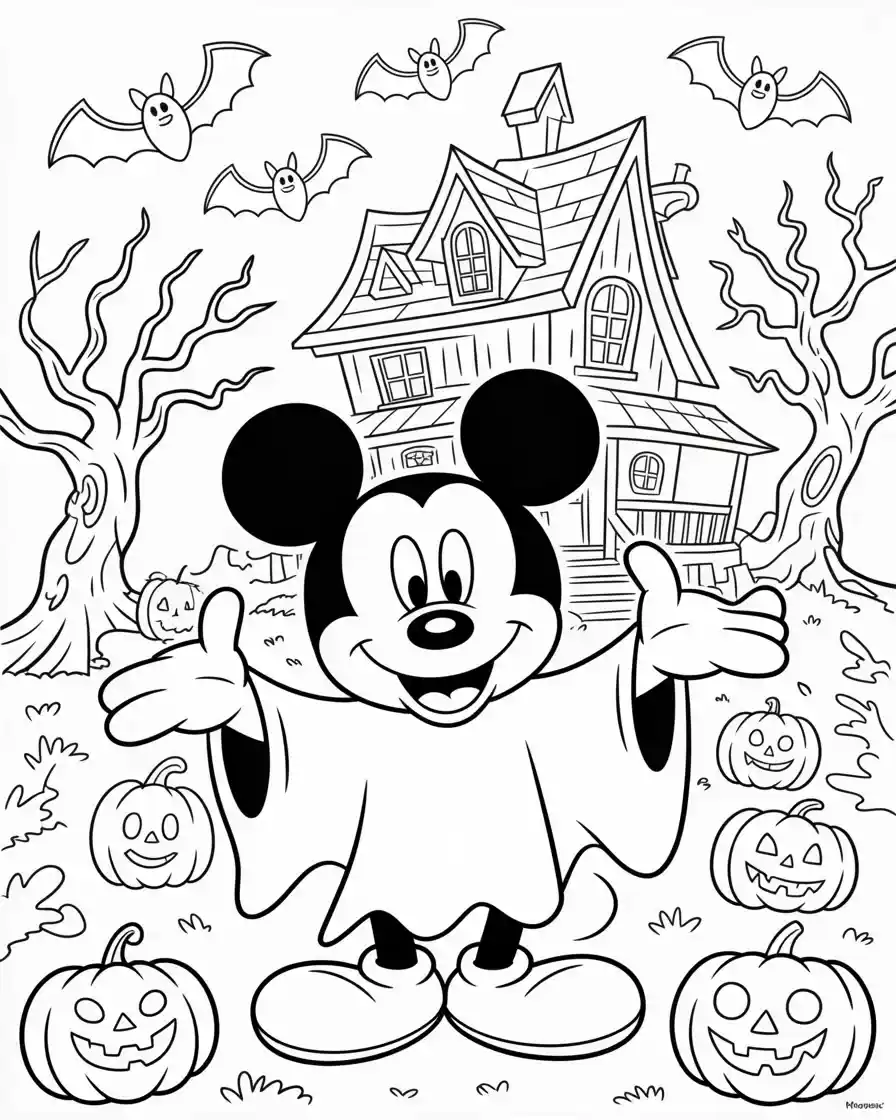 Mickey Mouse Coloring Pages 16 mickey mouse dressed as a ghost in front of haunted house