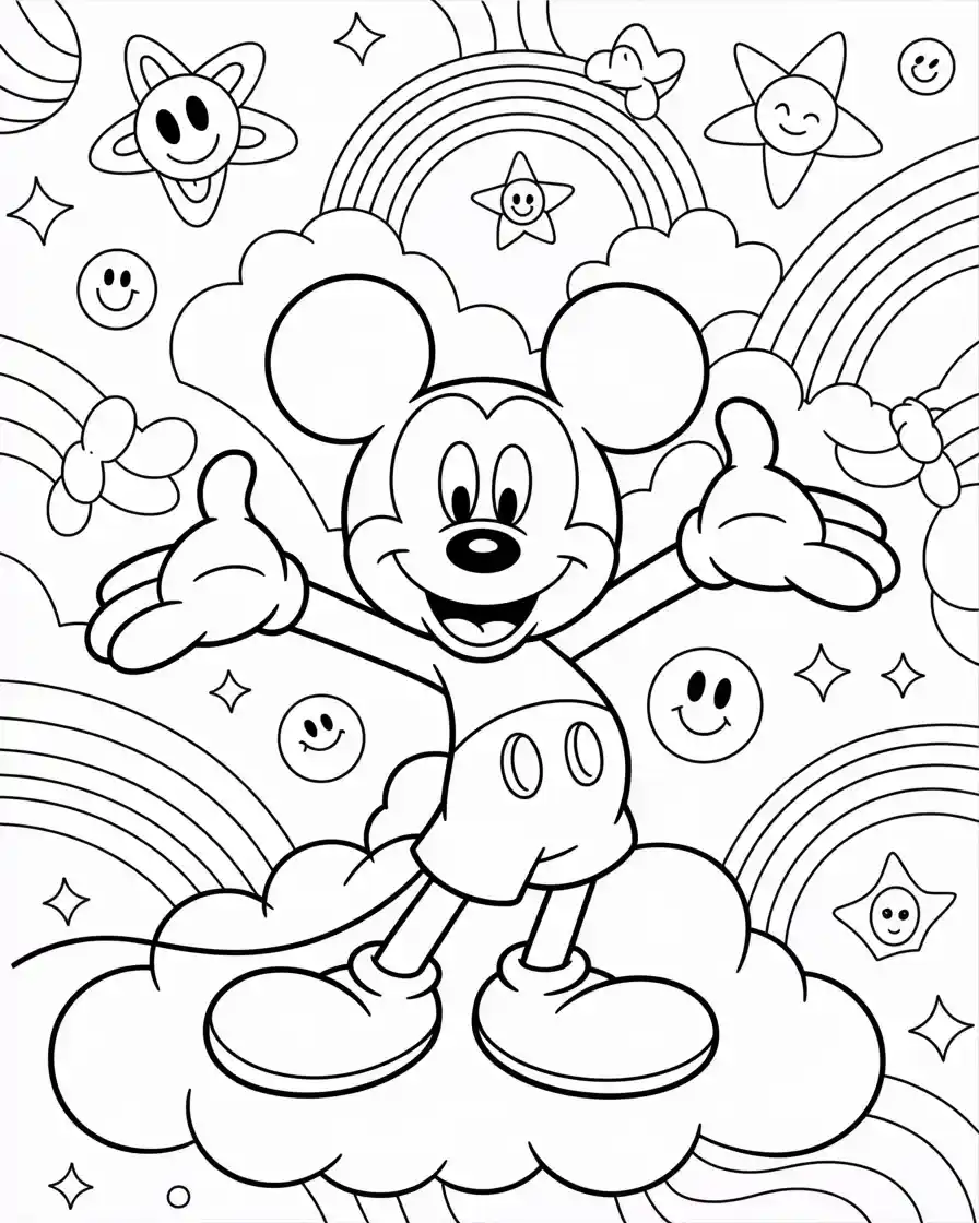 Mickey Mouse Coloring Pages 24 mickey mouse standing on a cloud in trippy landscape coloring sheet
