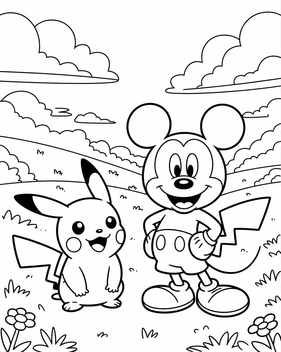 Mickey Mouse Coloring Pages 25 mickey mouse standing on a field with pikachu coloring sheet