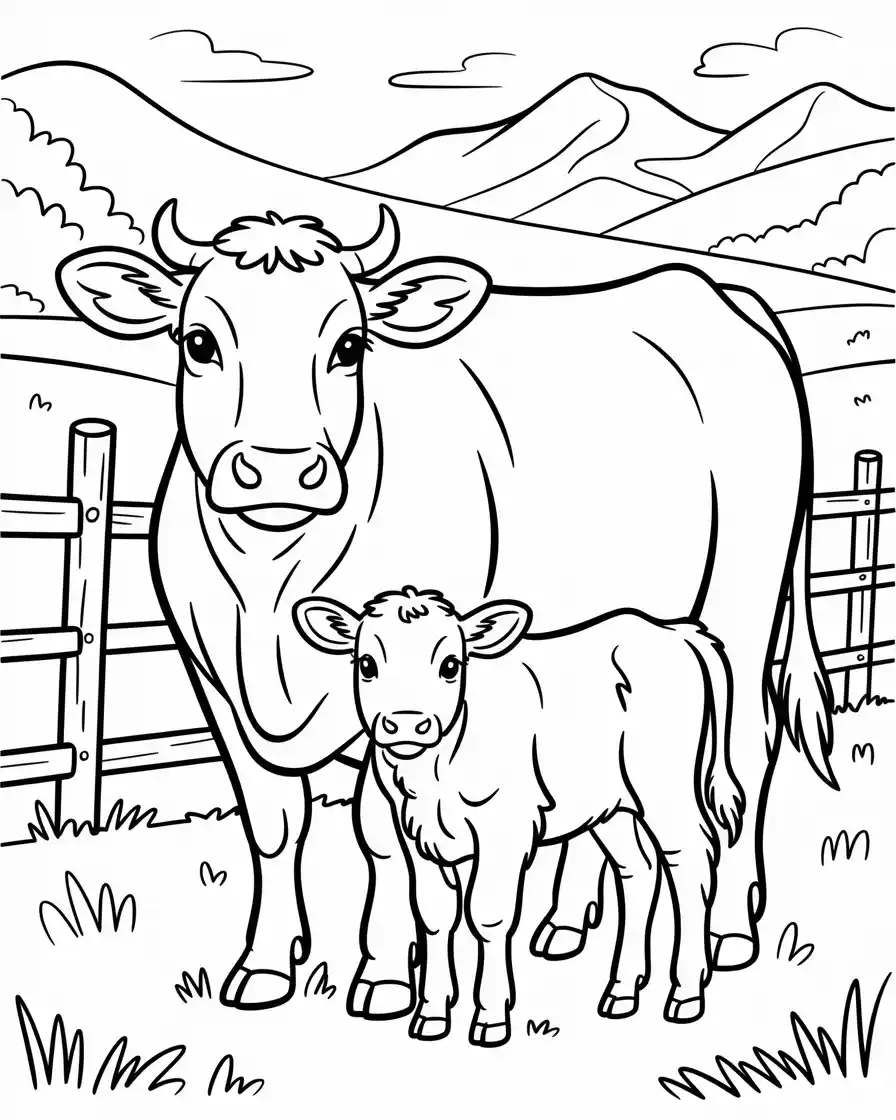 mother cow and calf in peaceful pasture