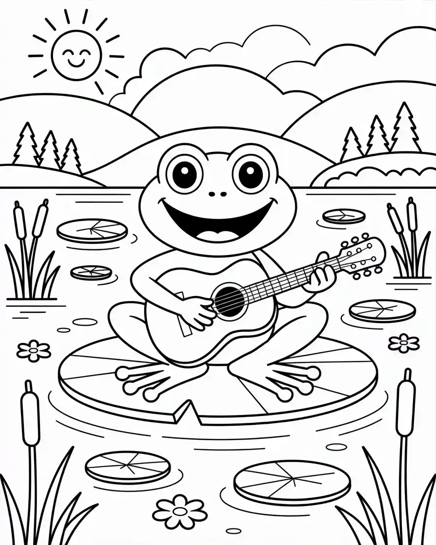 Frog Coloring Pages 23 musical frog playing the guitar in nature