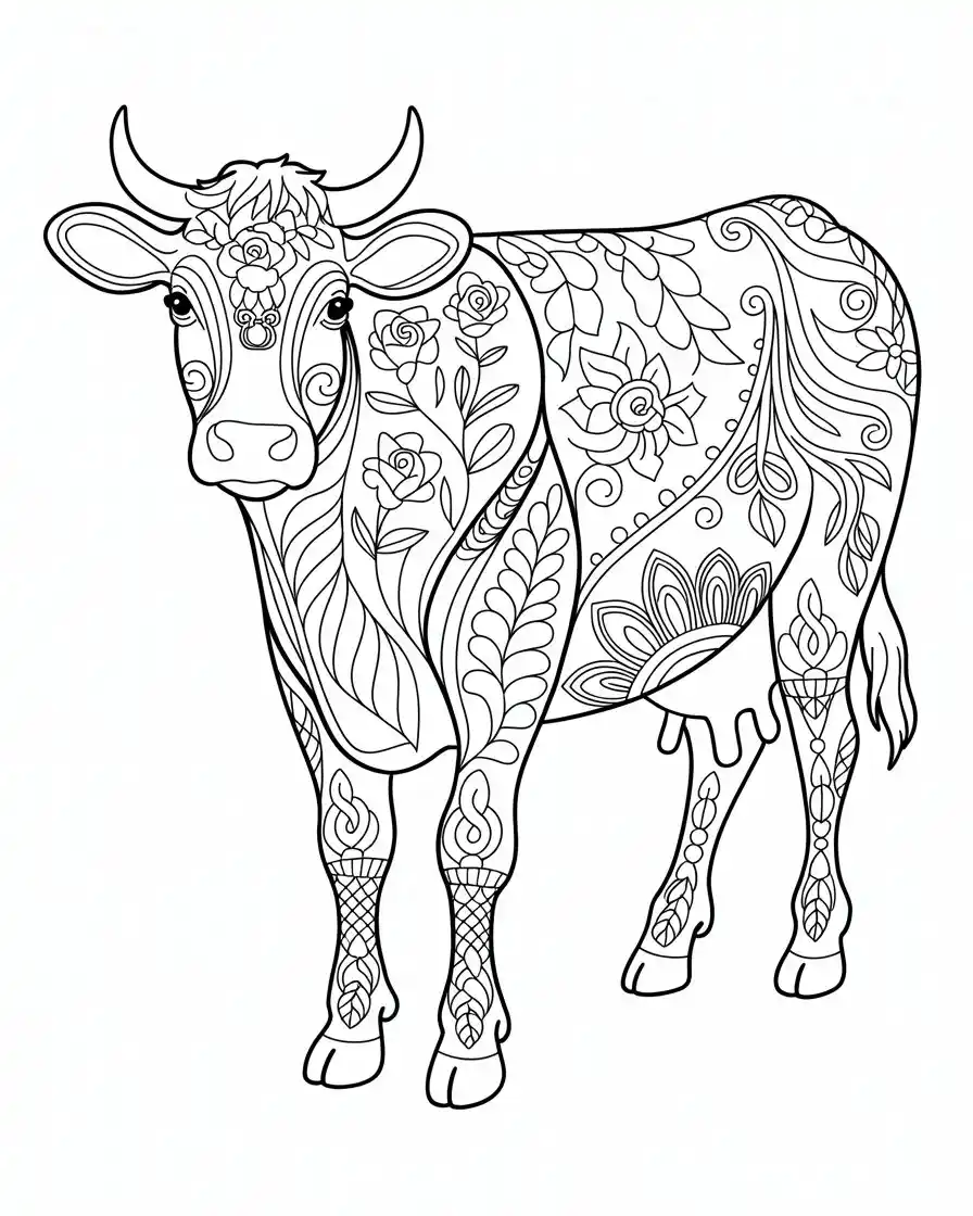 ornate cow with floral and swirl patterns