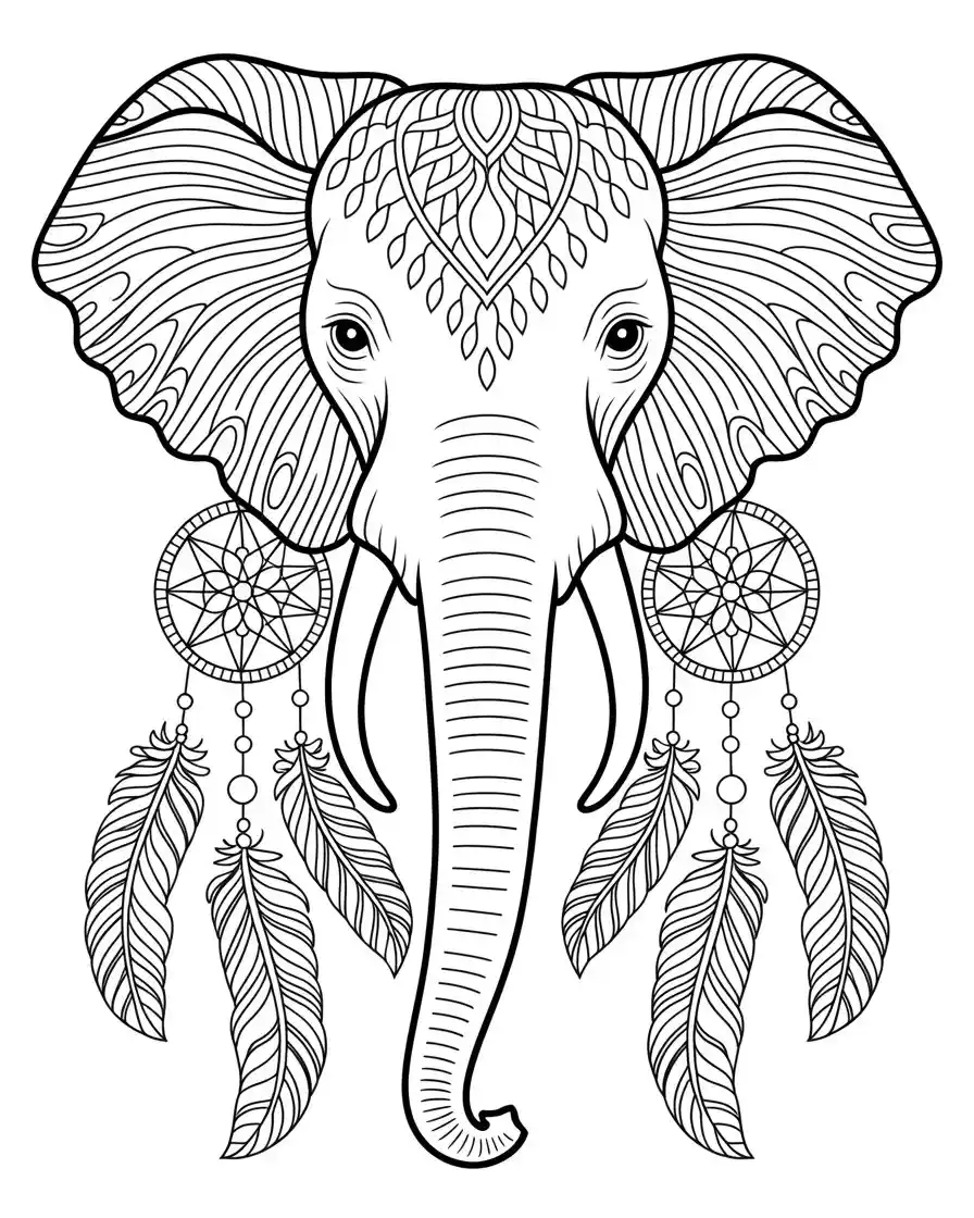 ornate elephant with dreamcatcher and feathers