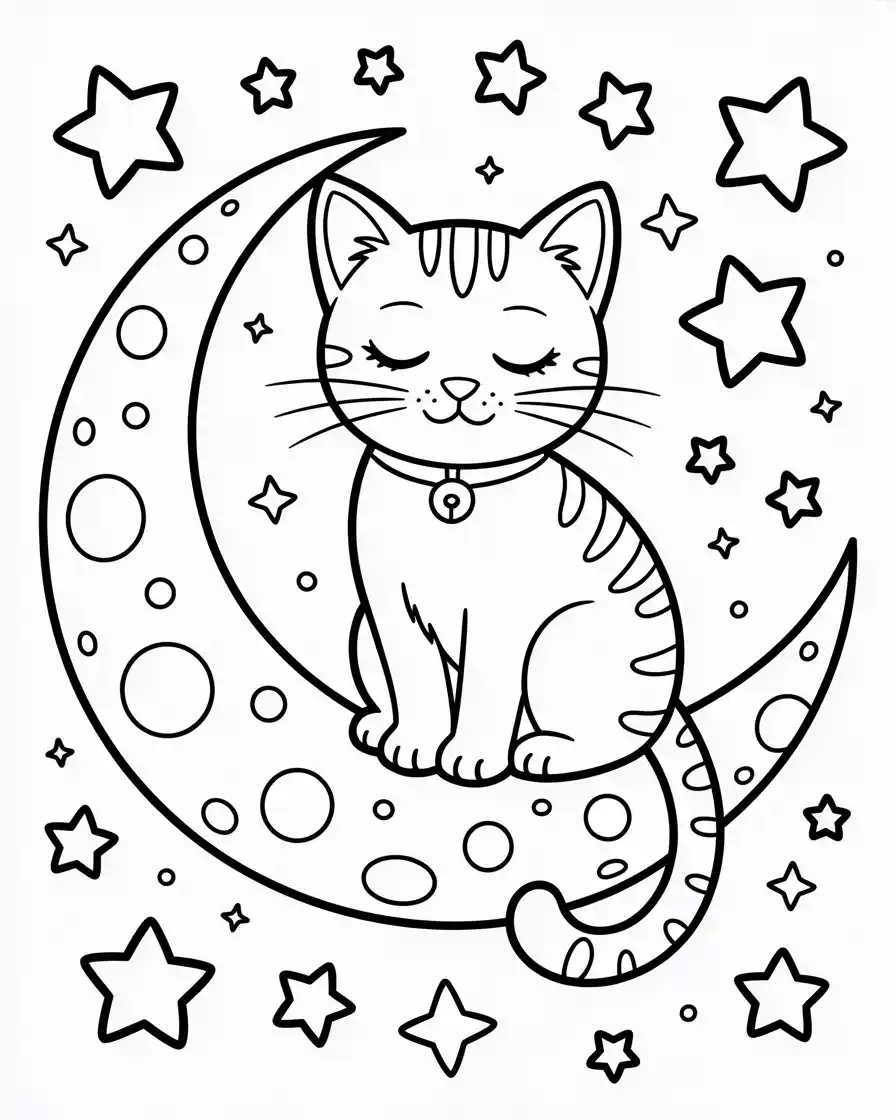 peaceful cat sitting on crescent moon