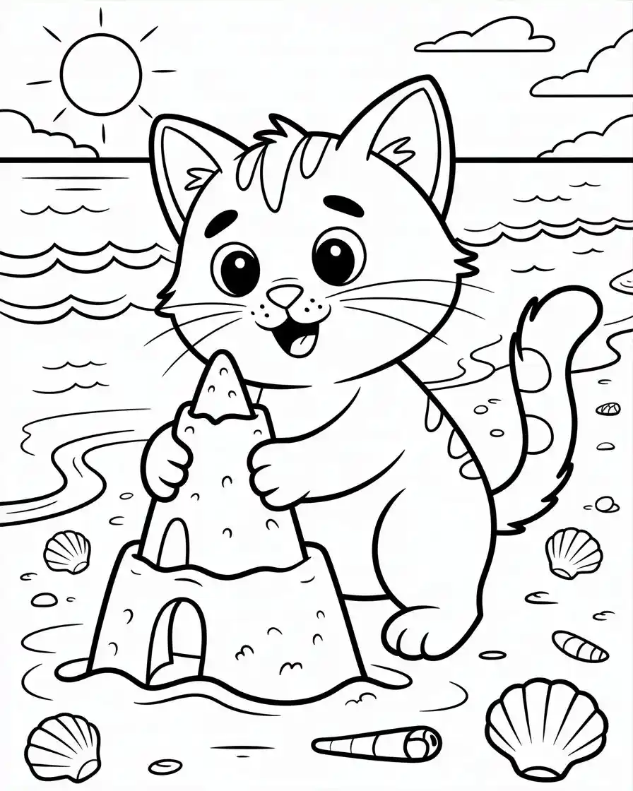playful cat building sandcastle by the beach