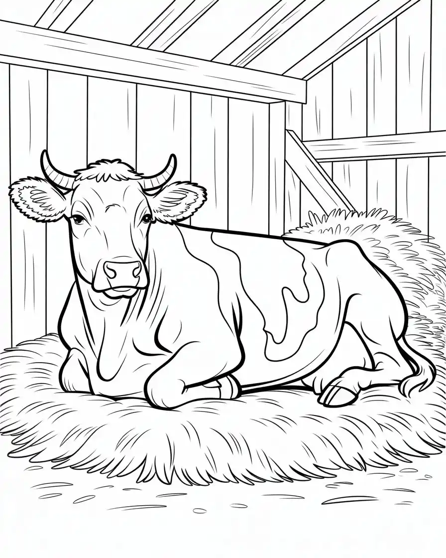 realistic cow resting in a cozy barn 1