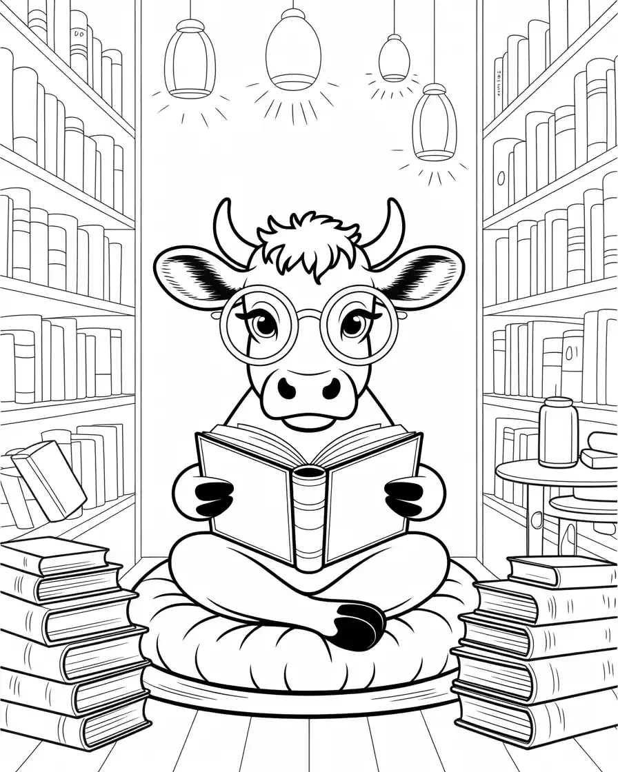 smart cow reading a book in a cozy library