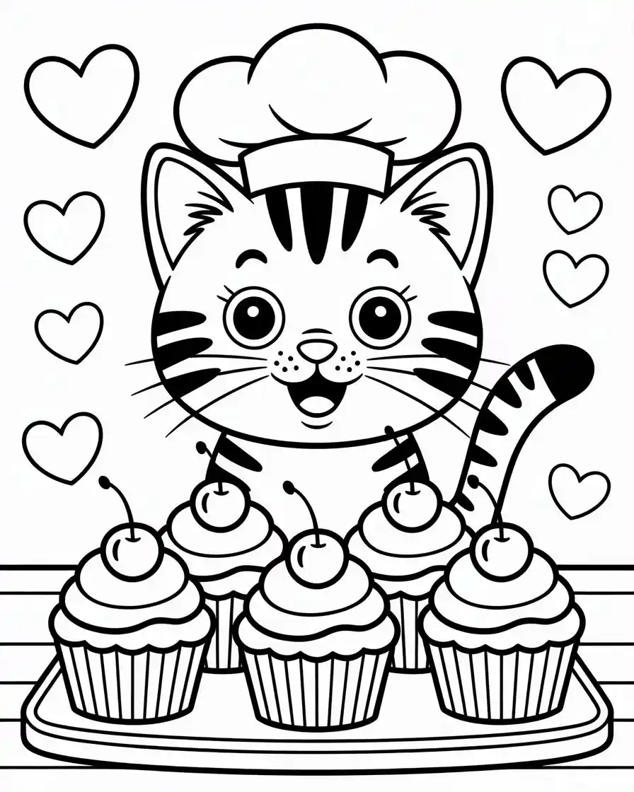 tabby cat smiling with cupcakes