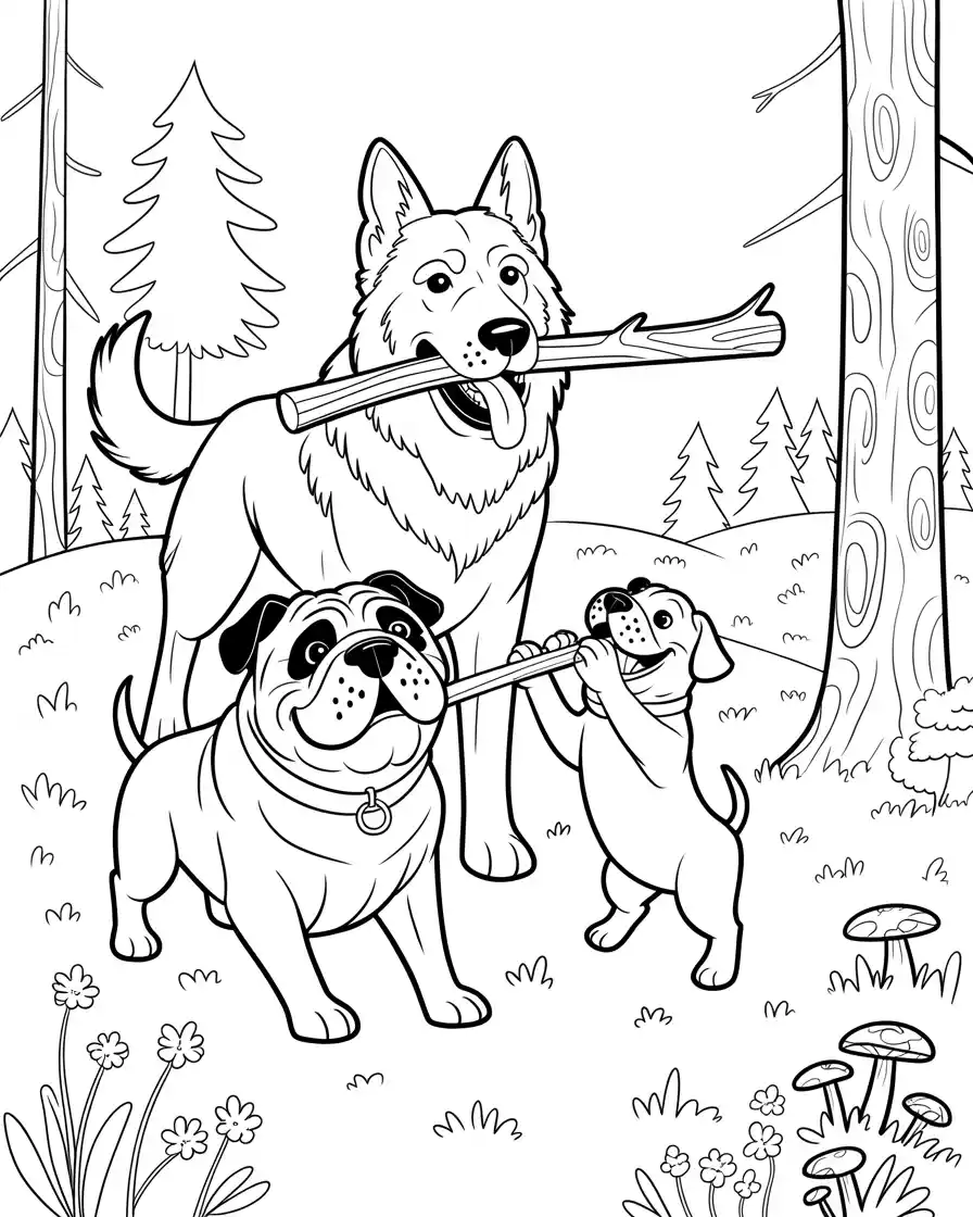 Dog Coloring Pages 70 three dogs playing with large stick
