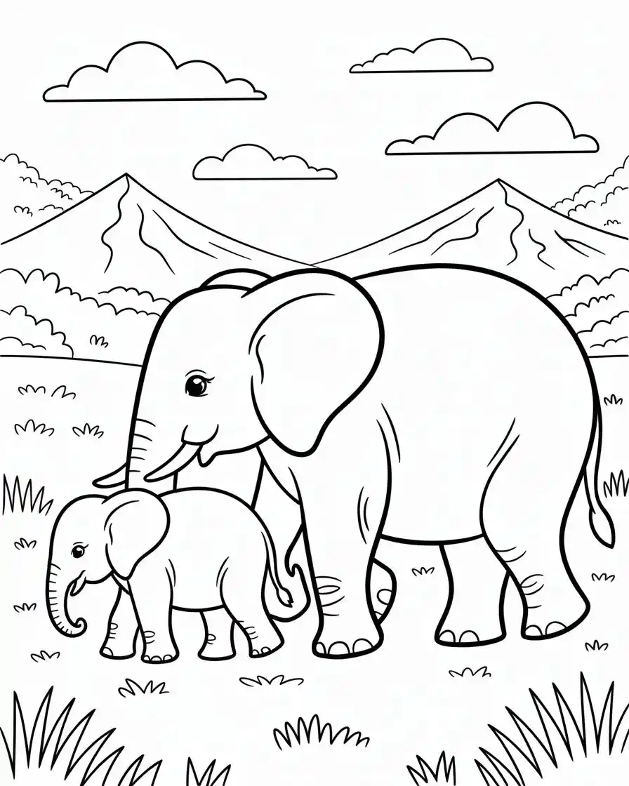 two elephants walking in the wild coloring