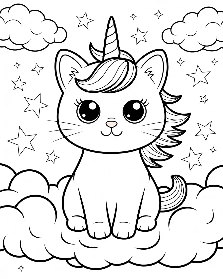 unicorn cat sitting on fluffy clouds