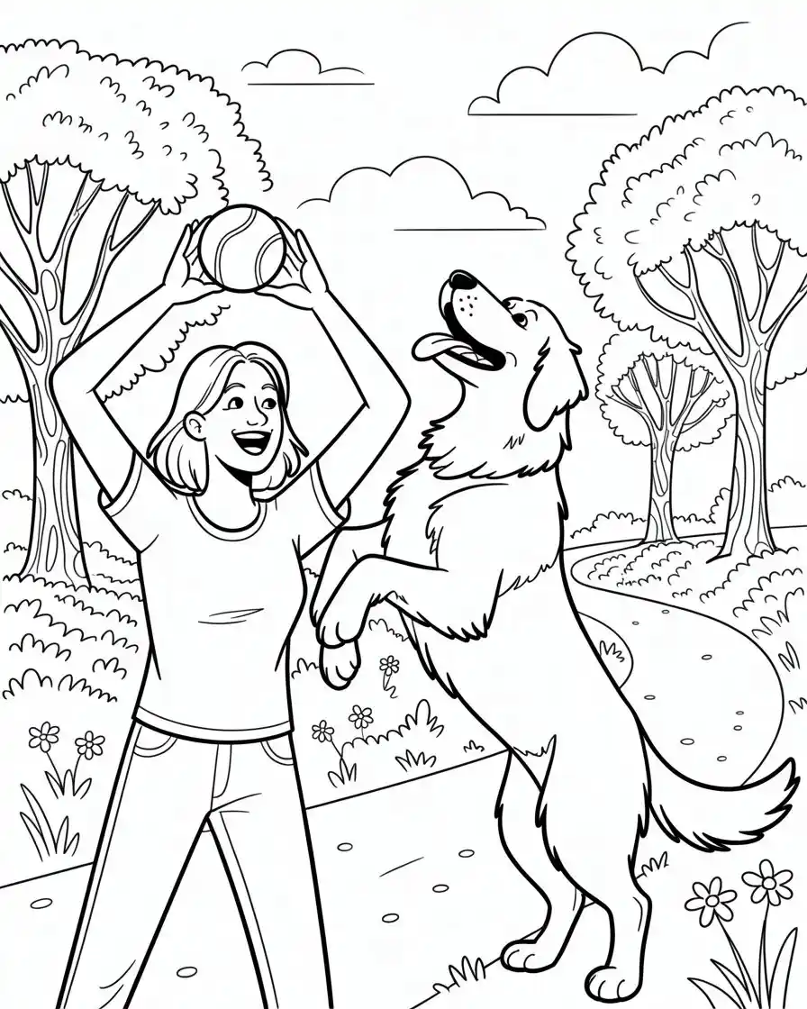 Dog Coloring Pages 73 woman playing with large dog in park coloring sheet 1