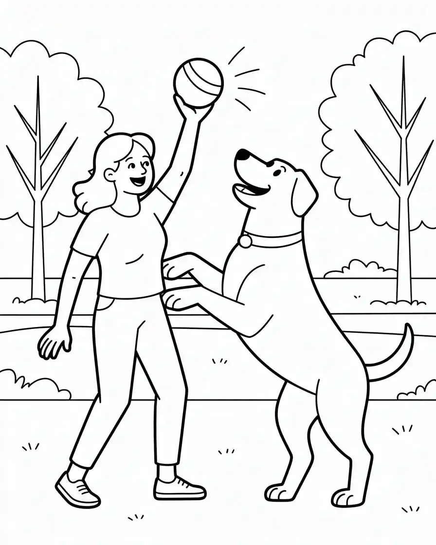 Dog Coloring Pages 74 woman playing with large dog in park coloring sheet